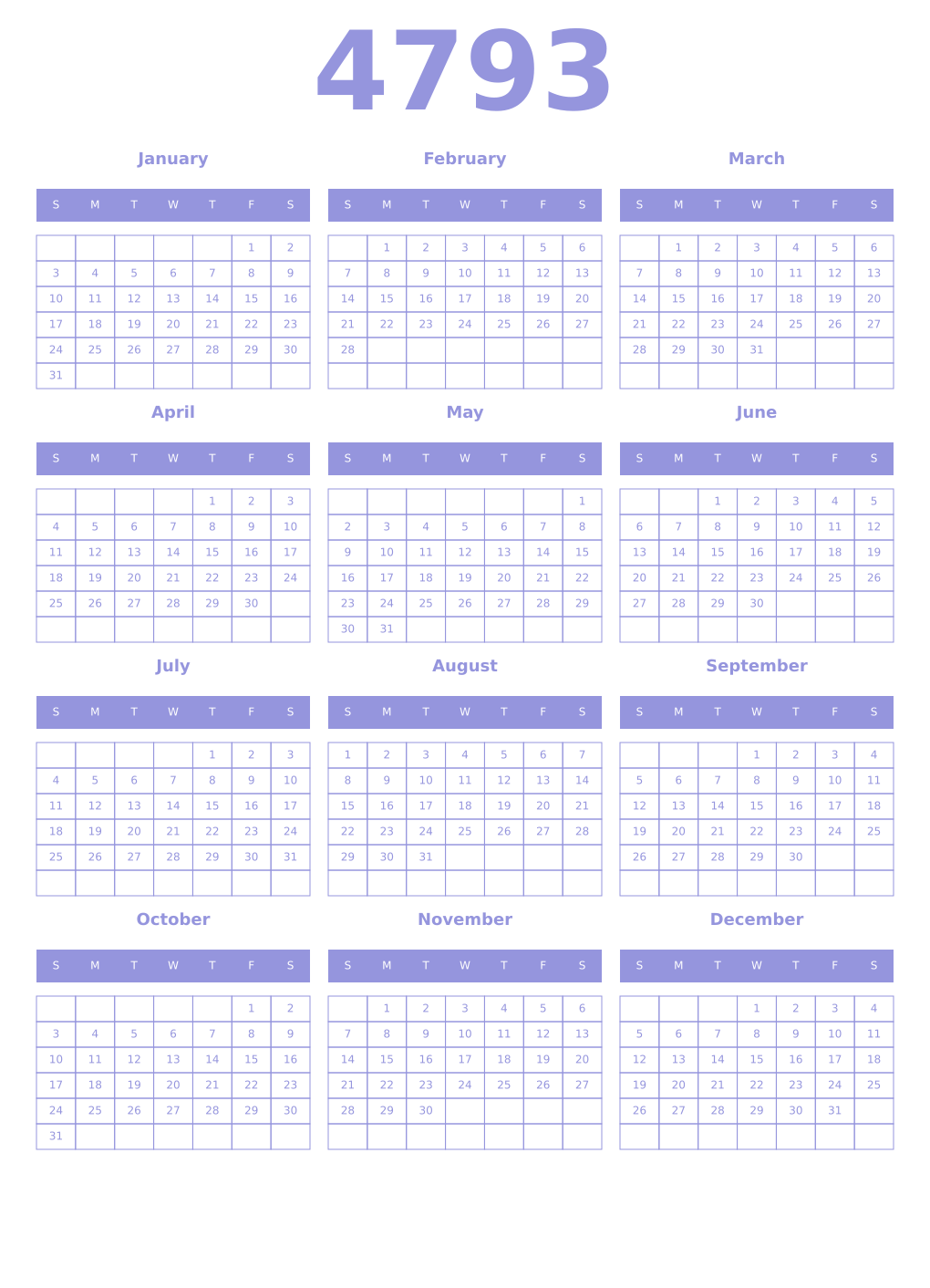 Printable 4793 Year Calendars periwinkle