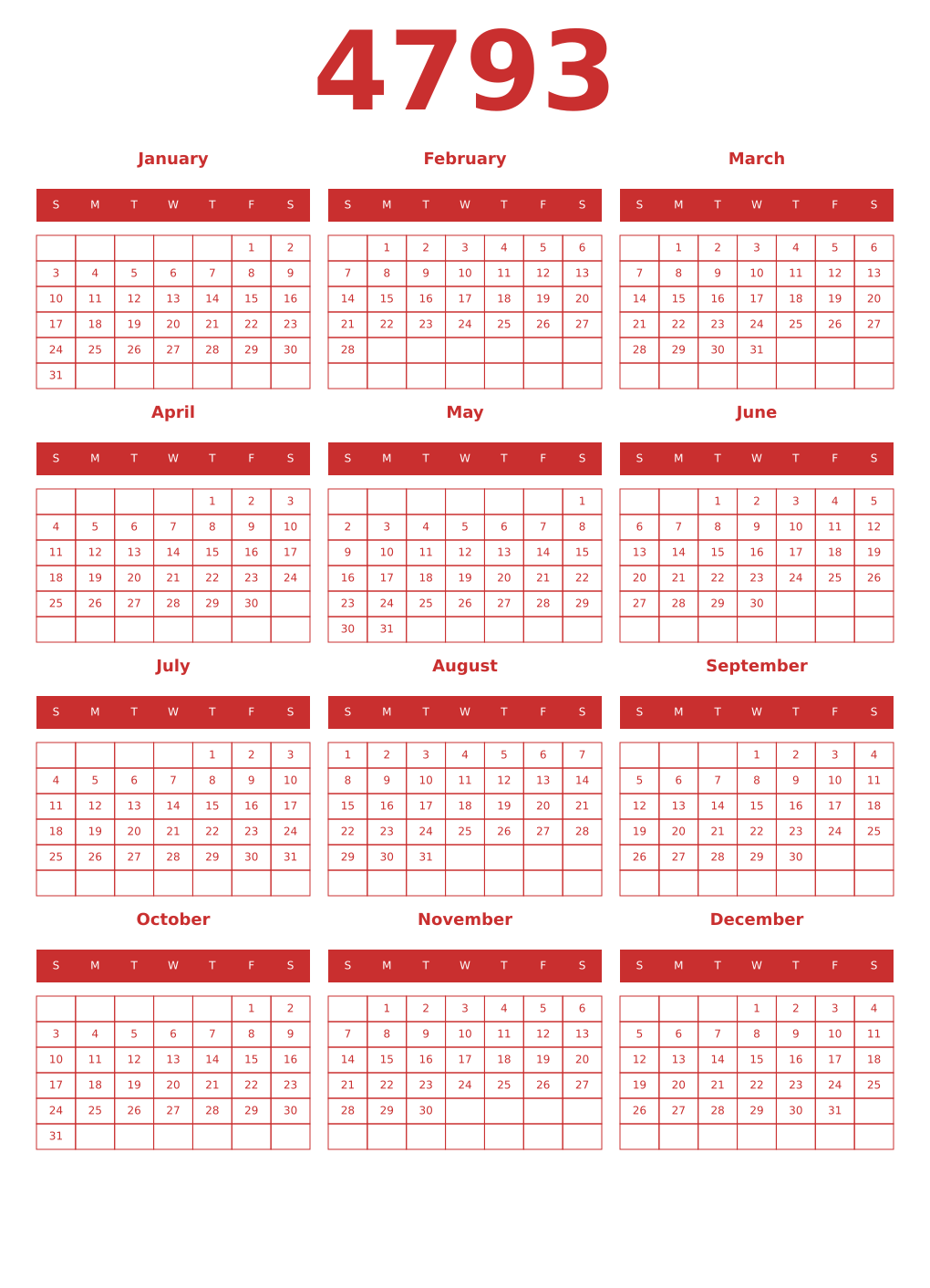 Printable 4793 Year Calendars red