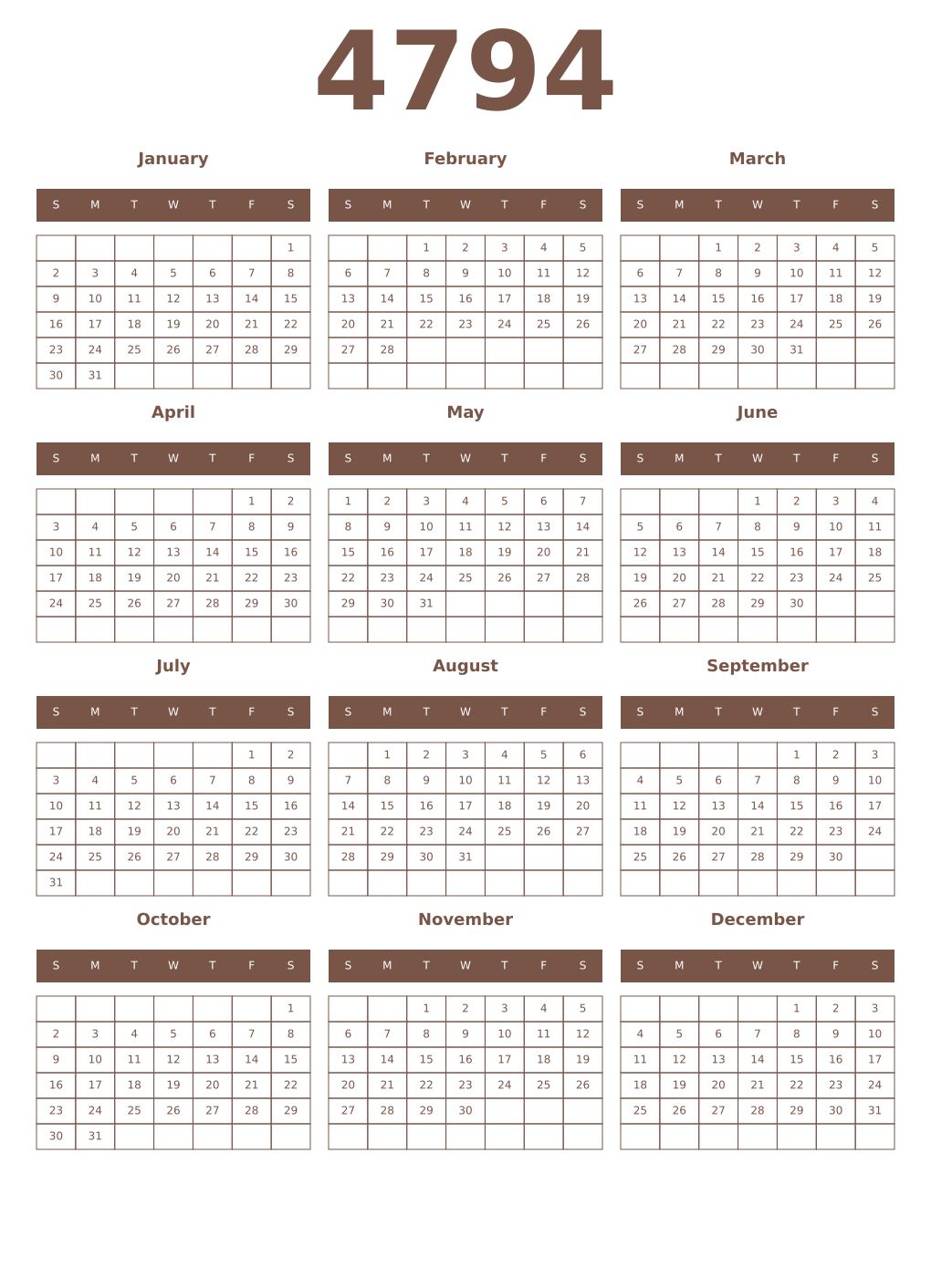 Printable 4794 Year Calendars coffe
