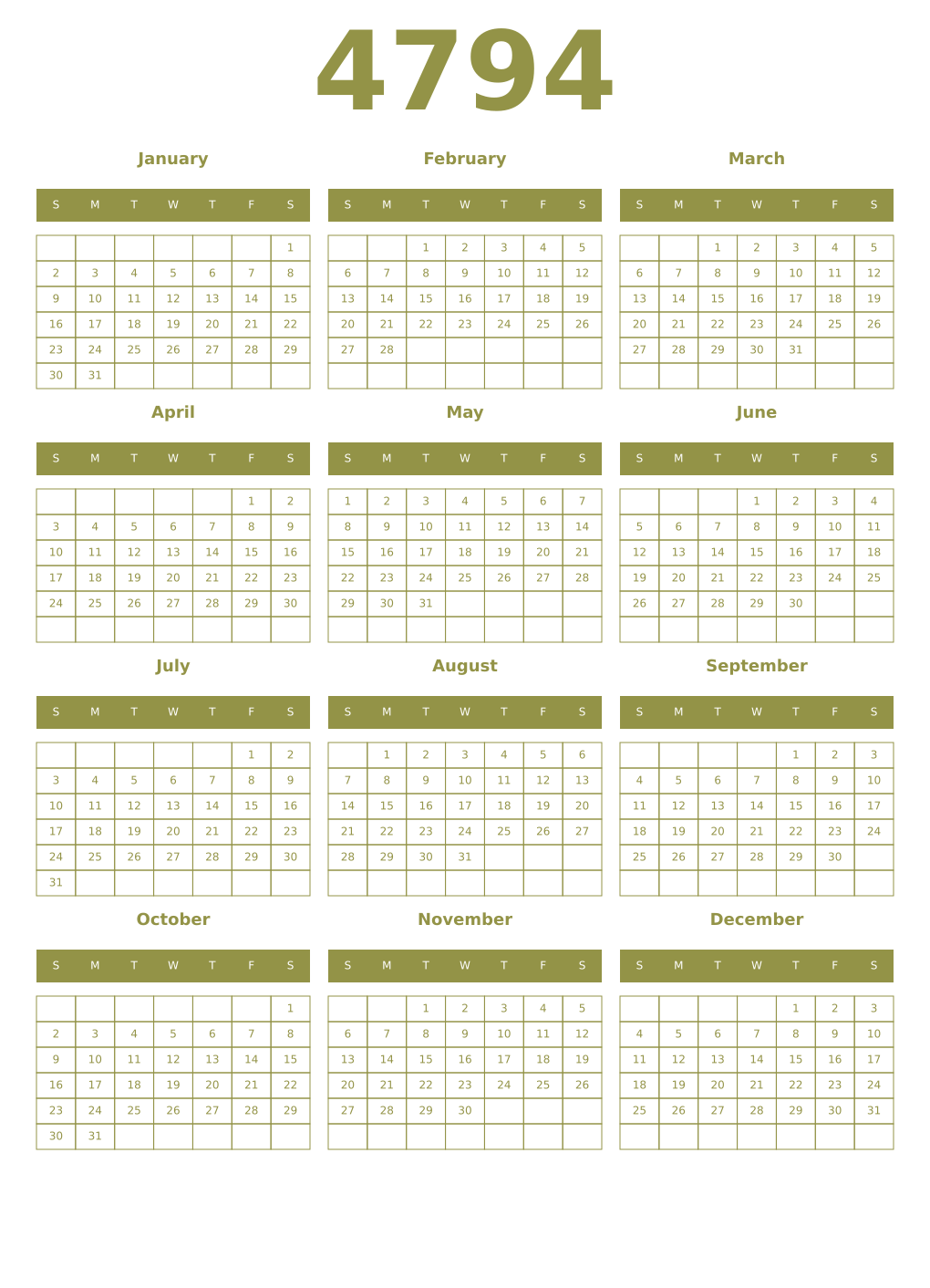 Printable 4794 Year Calendars eburnean