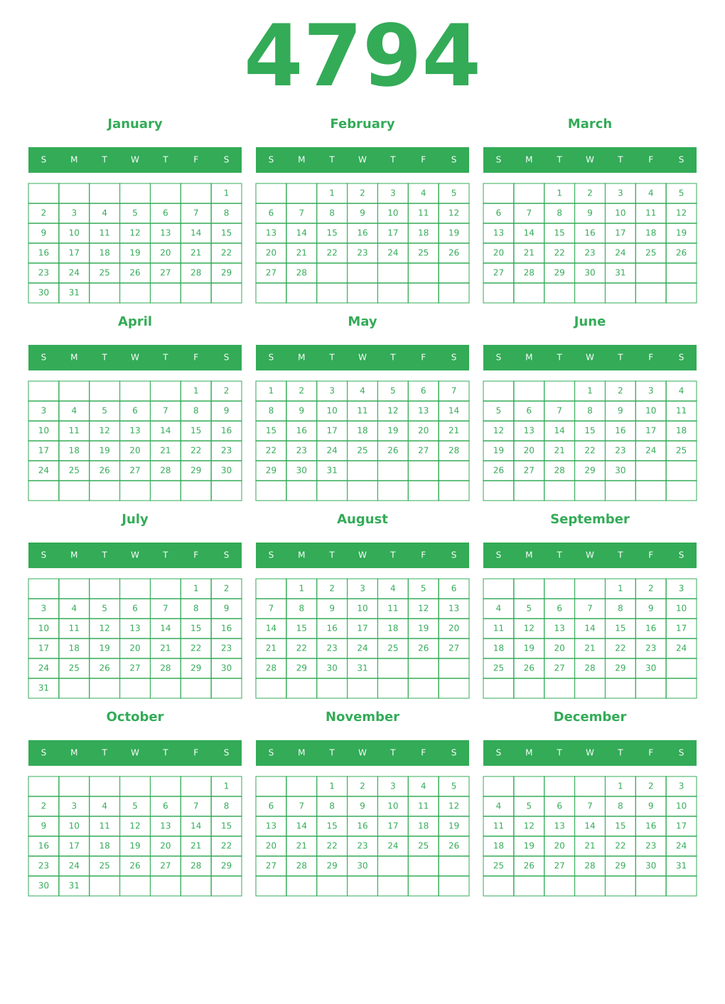 Printable 4794 Year Calendars green