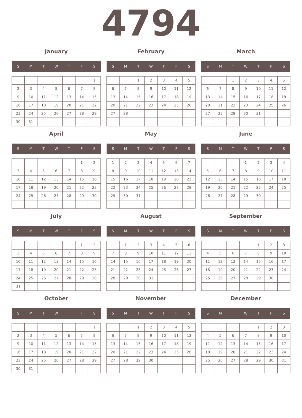 Printable 4794 Year Calendars wenge