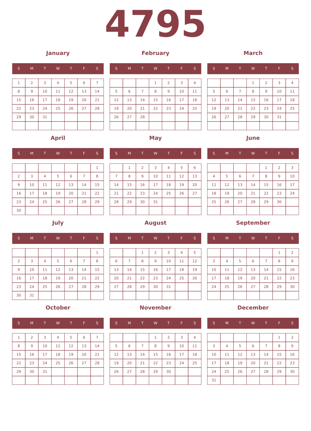 Printable 4795 Year Calendars cordovan