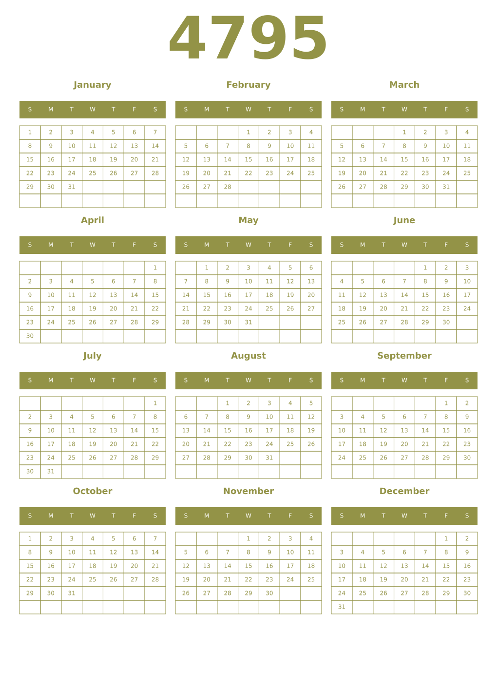 Printable 4795 Year Calendars eburnean