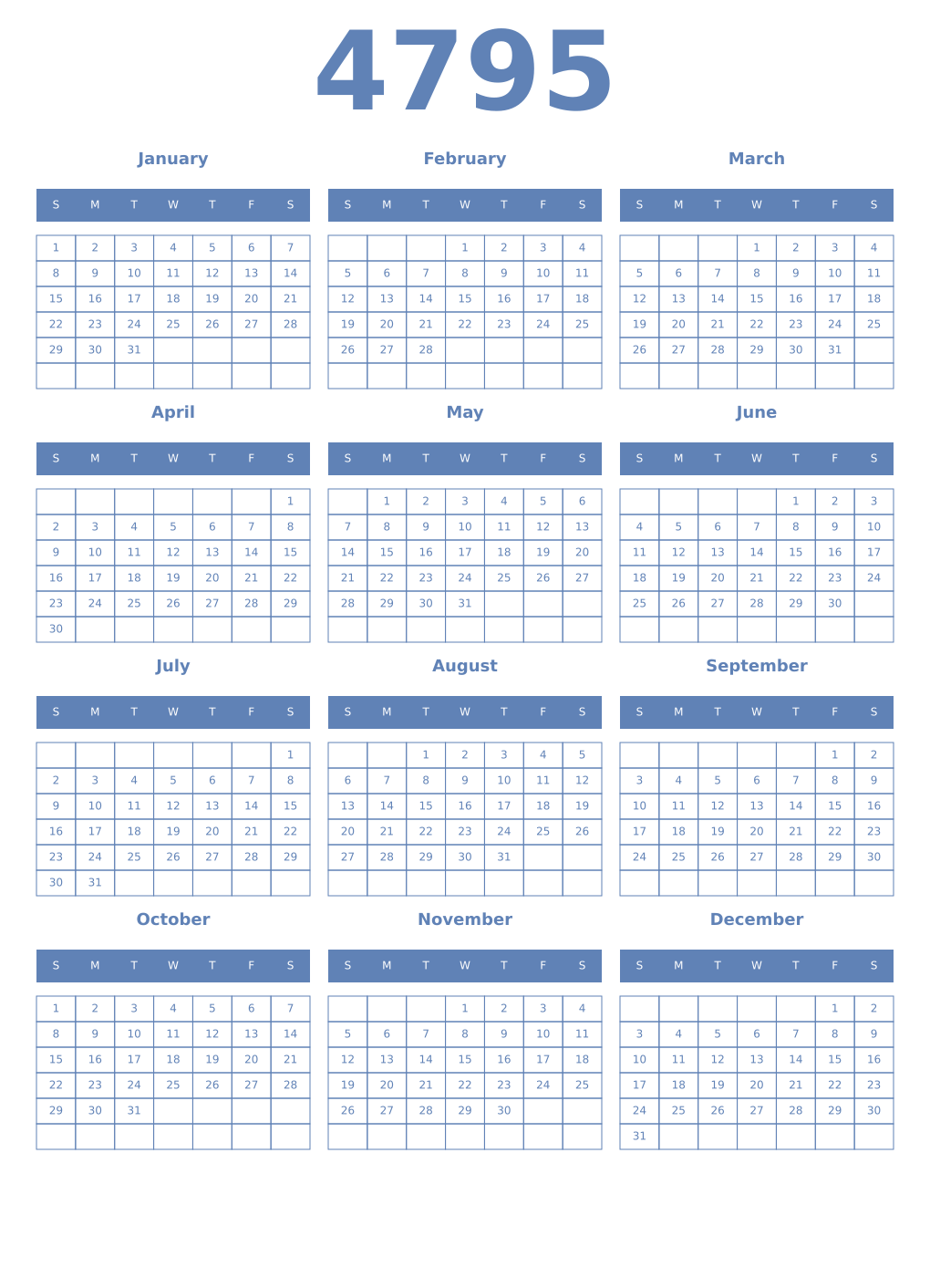 Printable 4795 Year Calendars glaucous