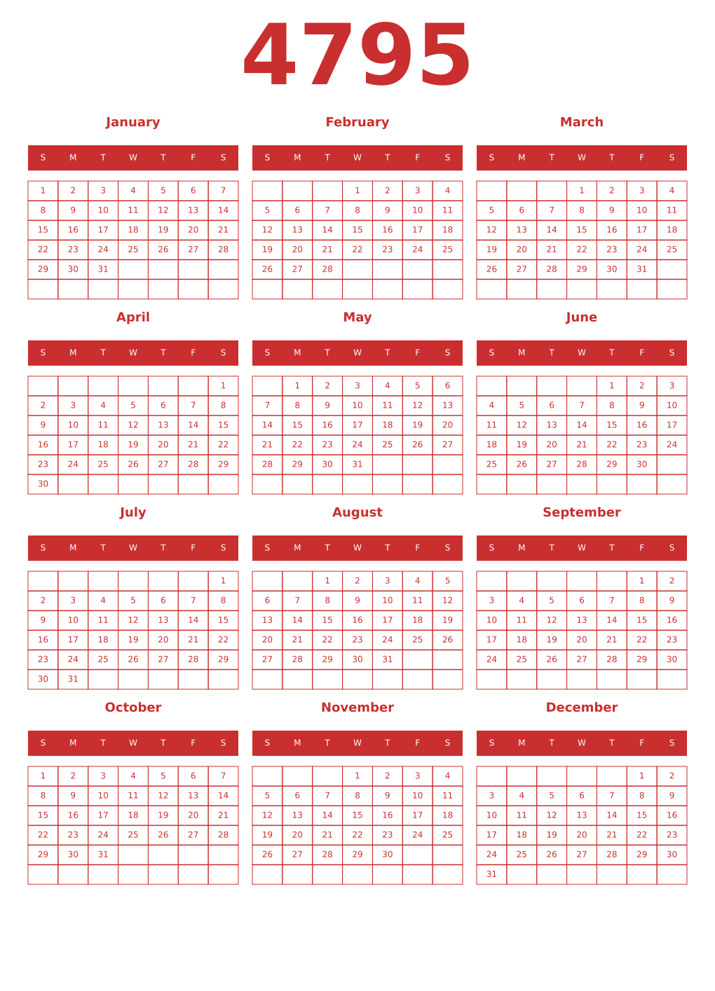 Printable 4795 Year Calendars red