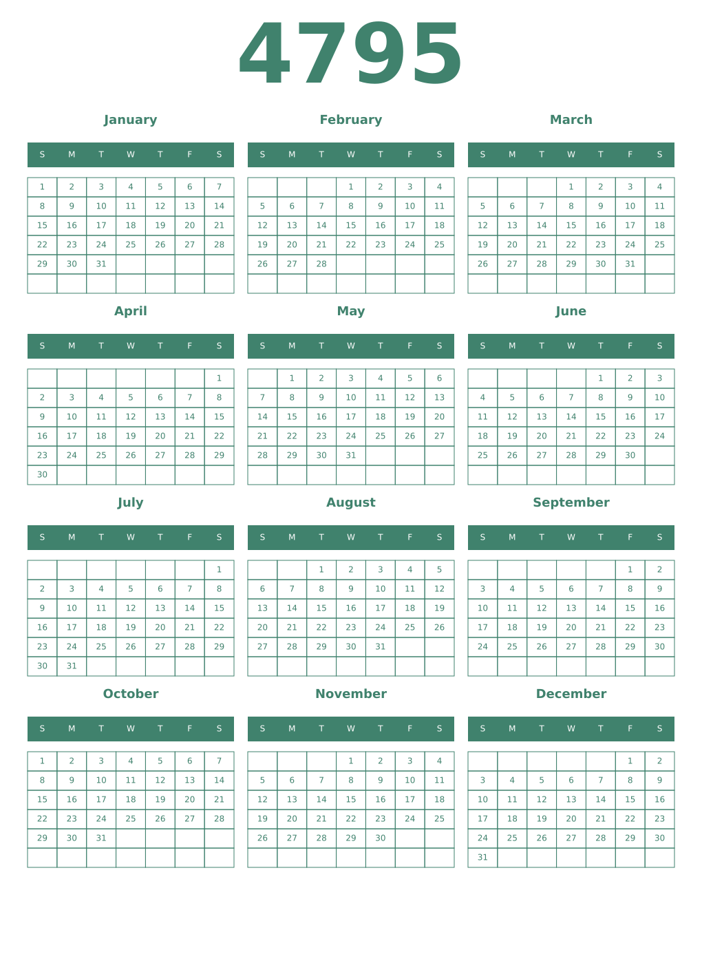 Printable 4795 Year Calendars viridian