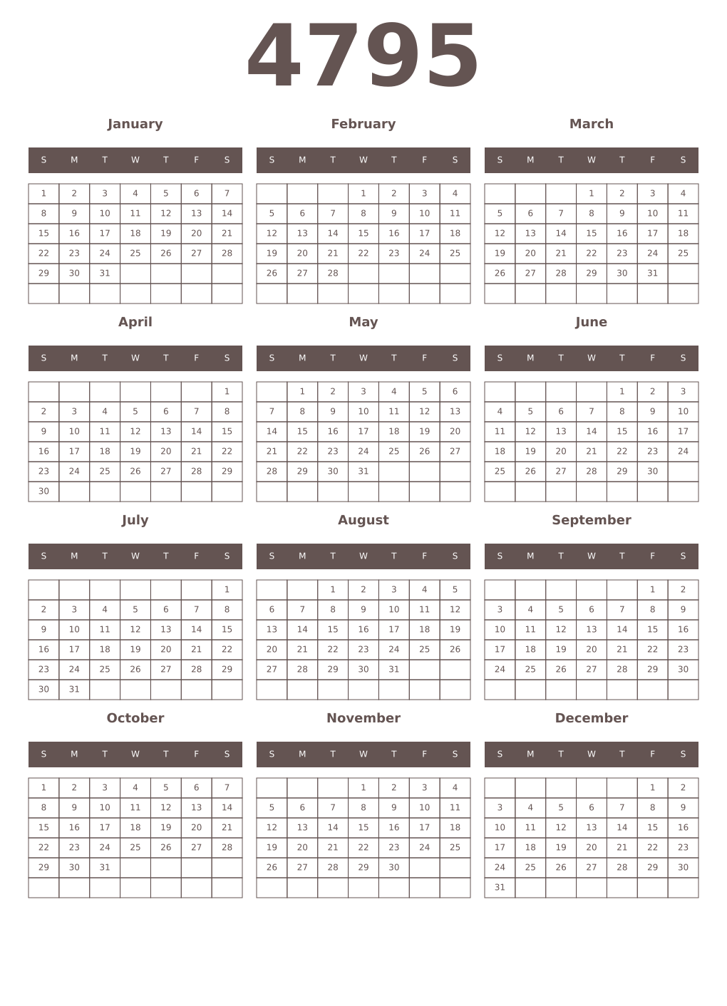 Printable 4795 Year Calendars wenge