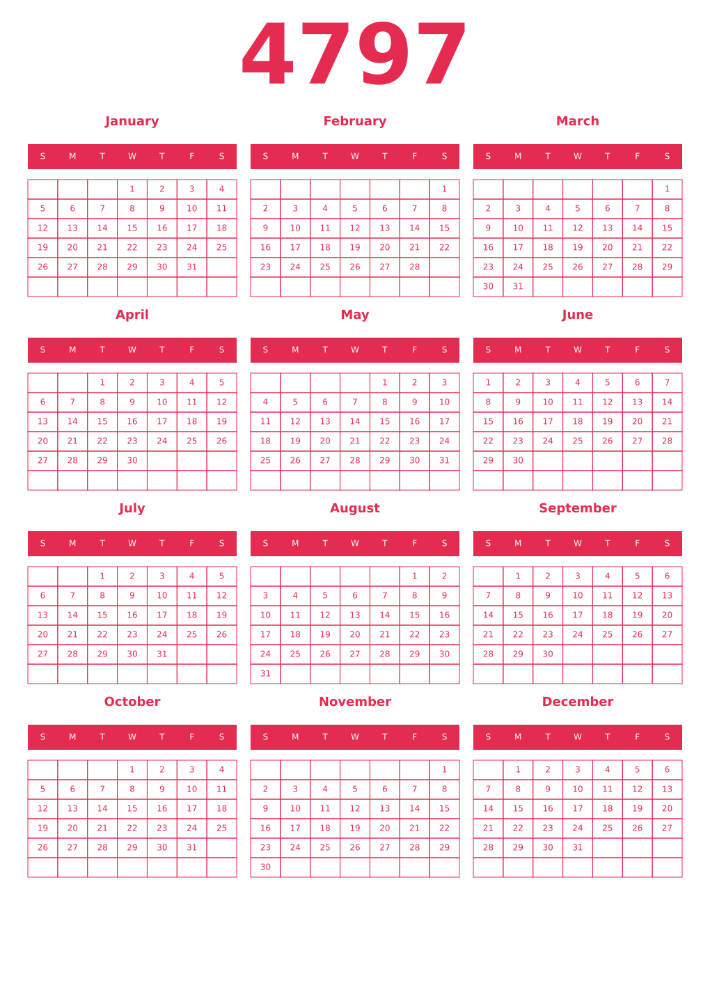 Printable 4797 Year Calendars amaranth
