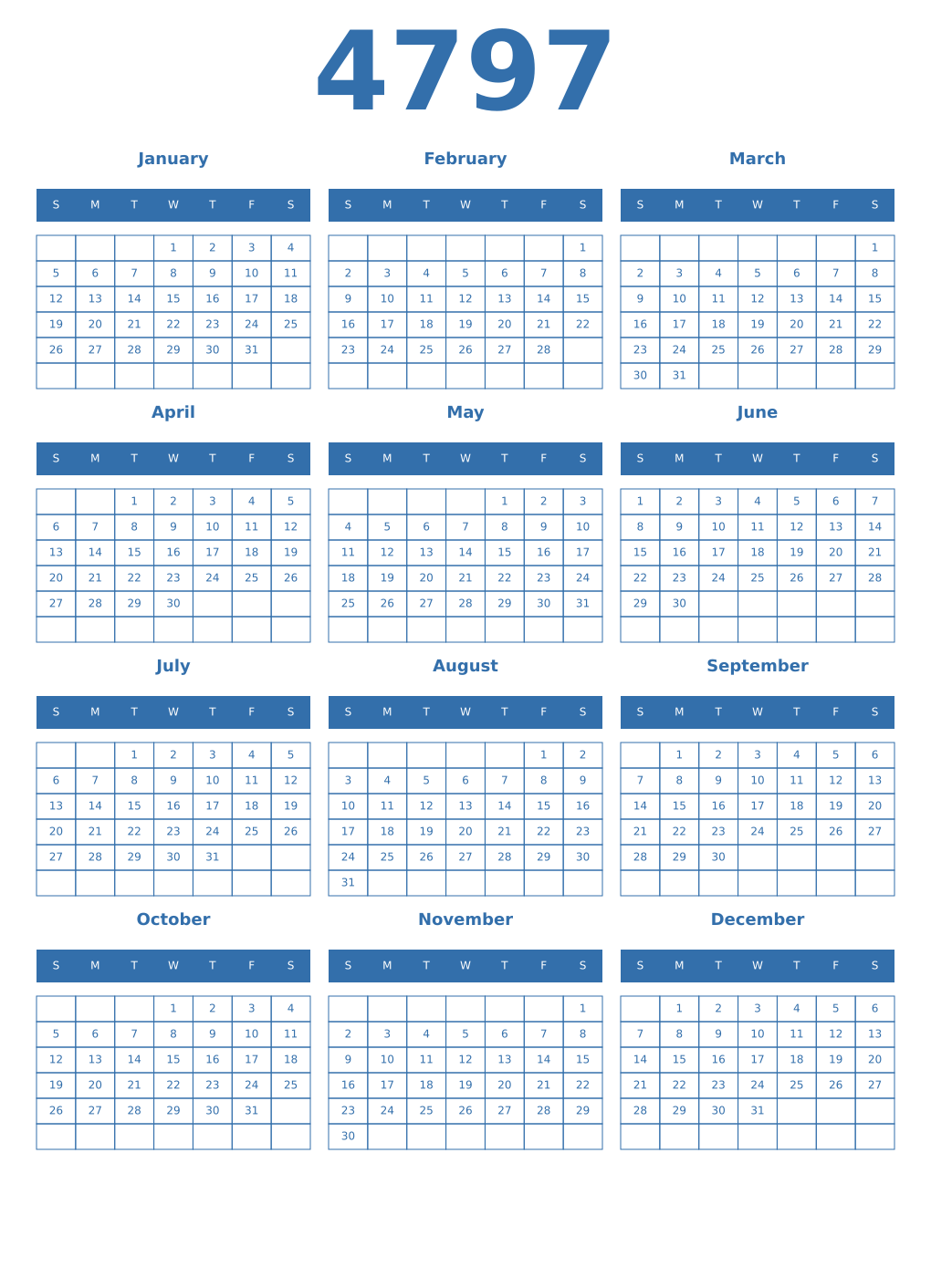 Printable 4797 Year Calendars blue