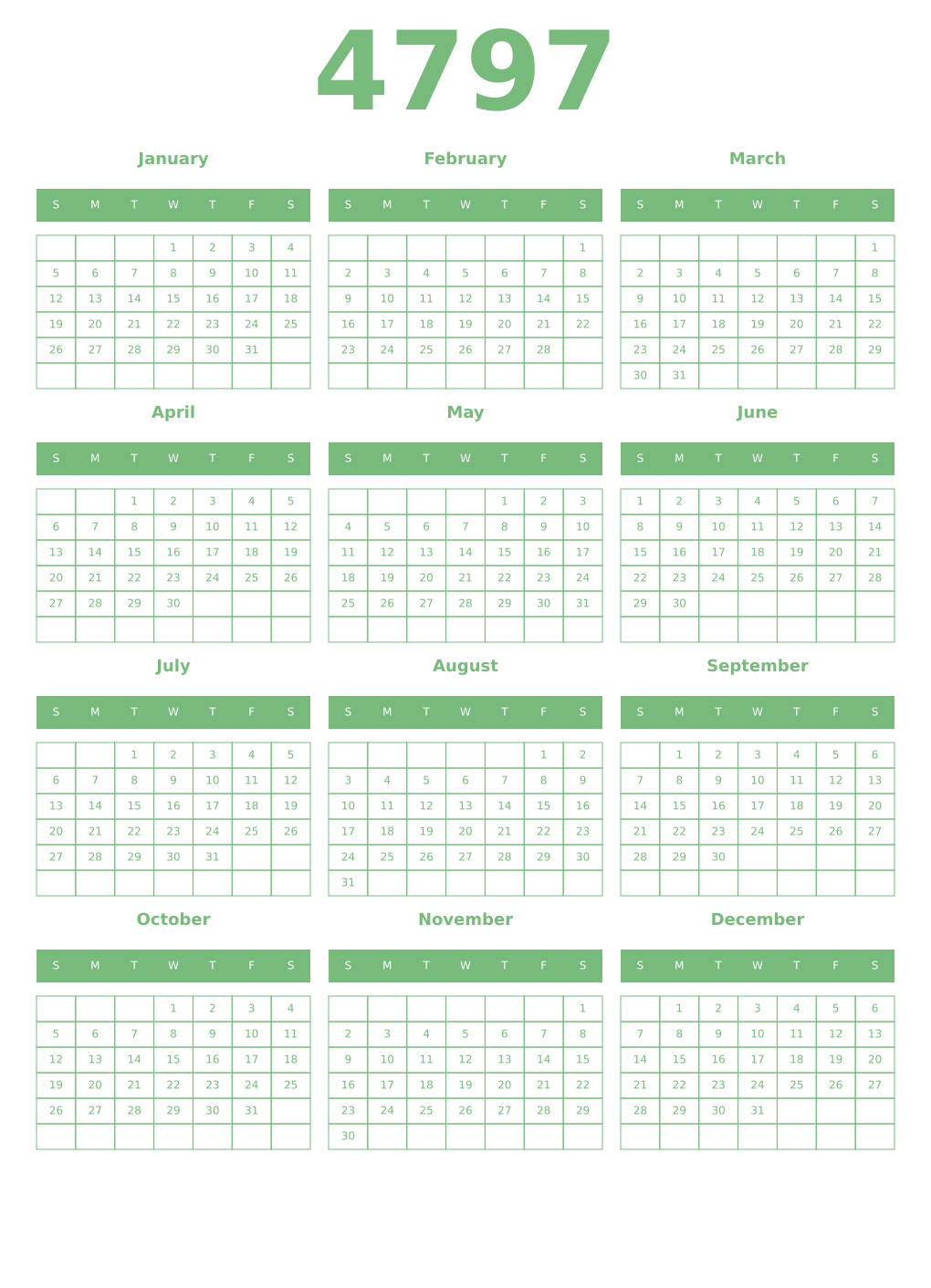 Printable 4797 Year Calendars celadon