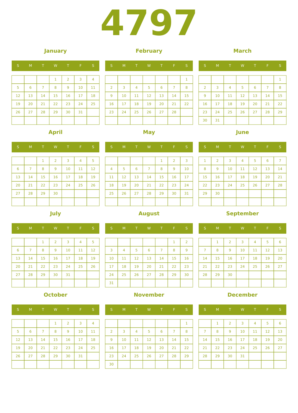 Printable 4797 Year Calendars chartreuse