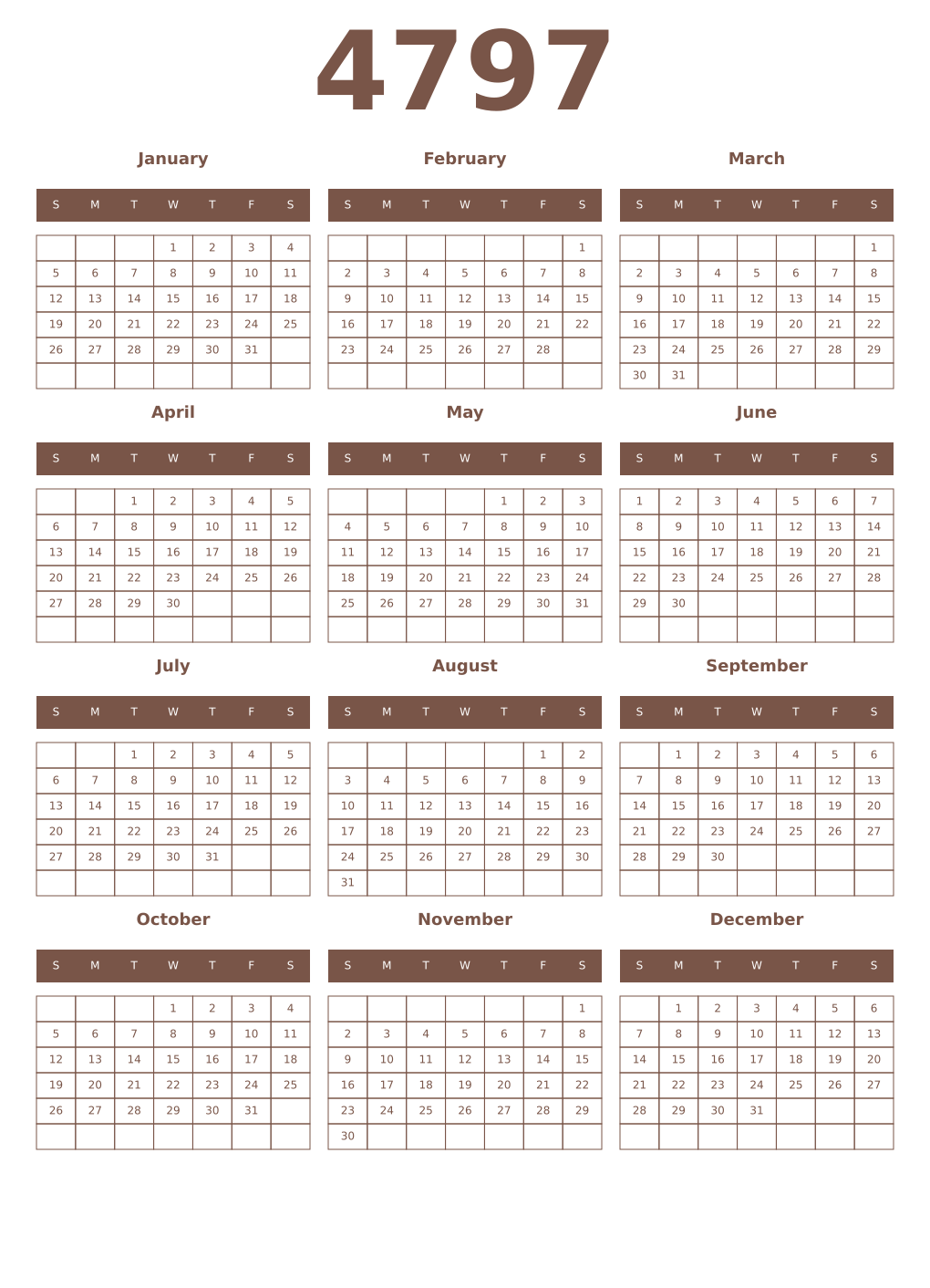 Printable 4797 Year Calendars coffe