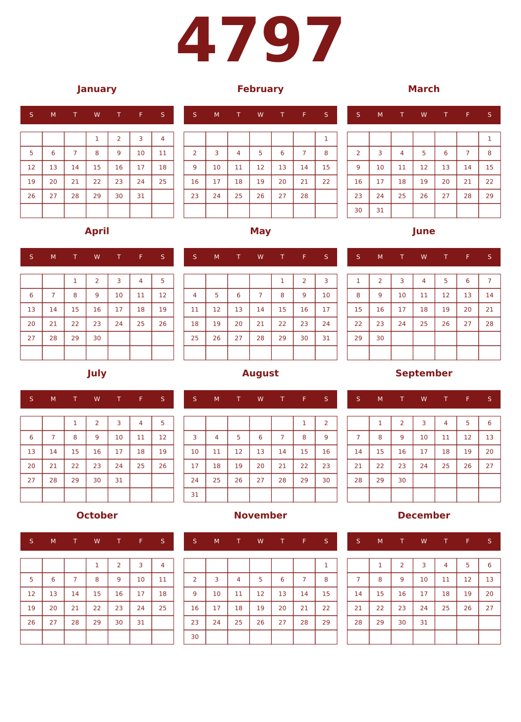 Printable 4797 Year Calendars falu