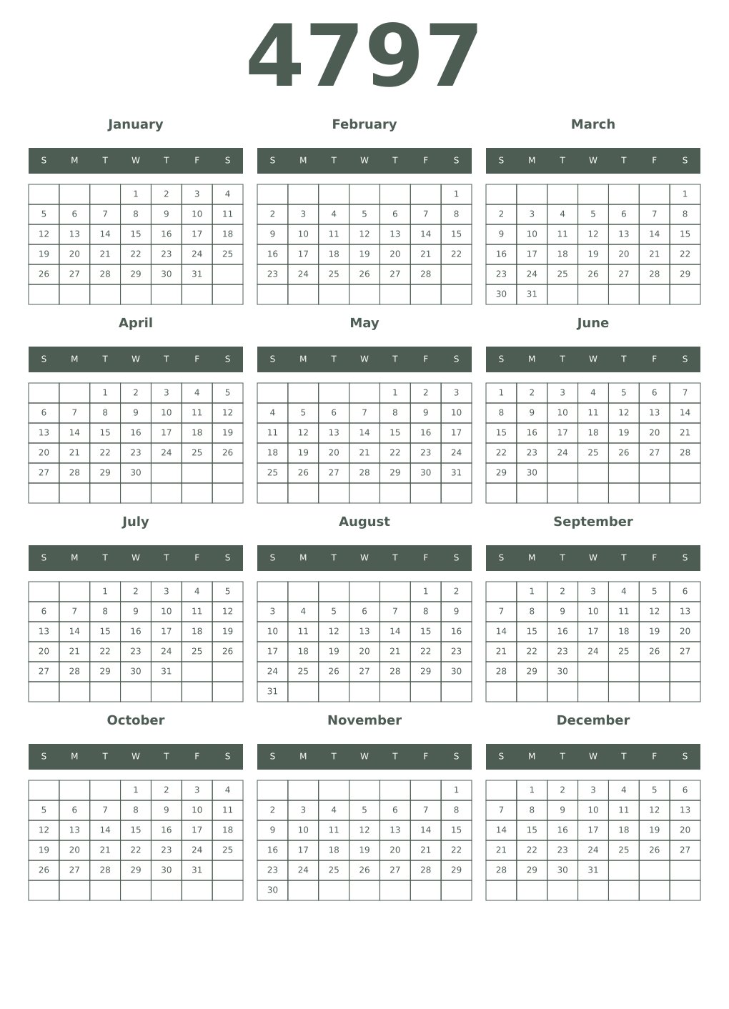 Printable 4797 Year Calendars feldgrau