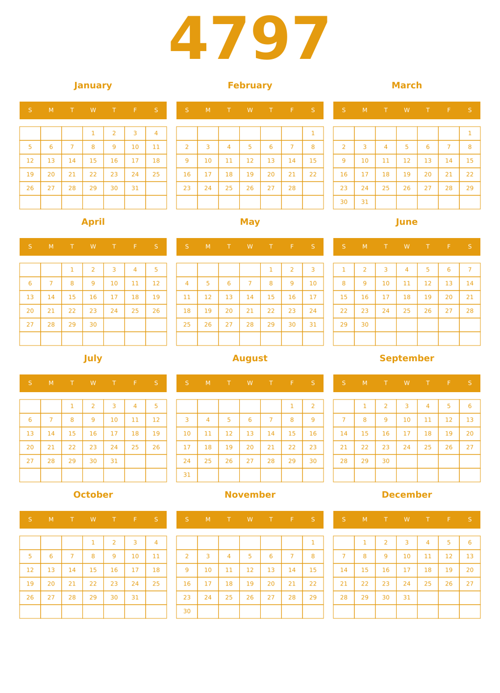 Printable 4797 Year Calendars gamboge