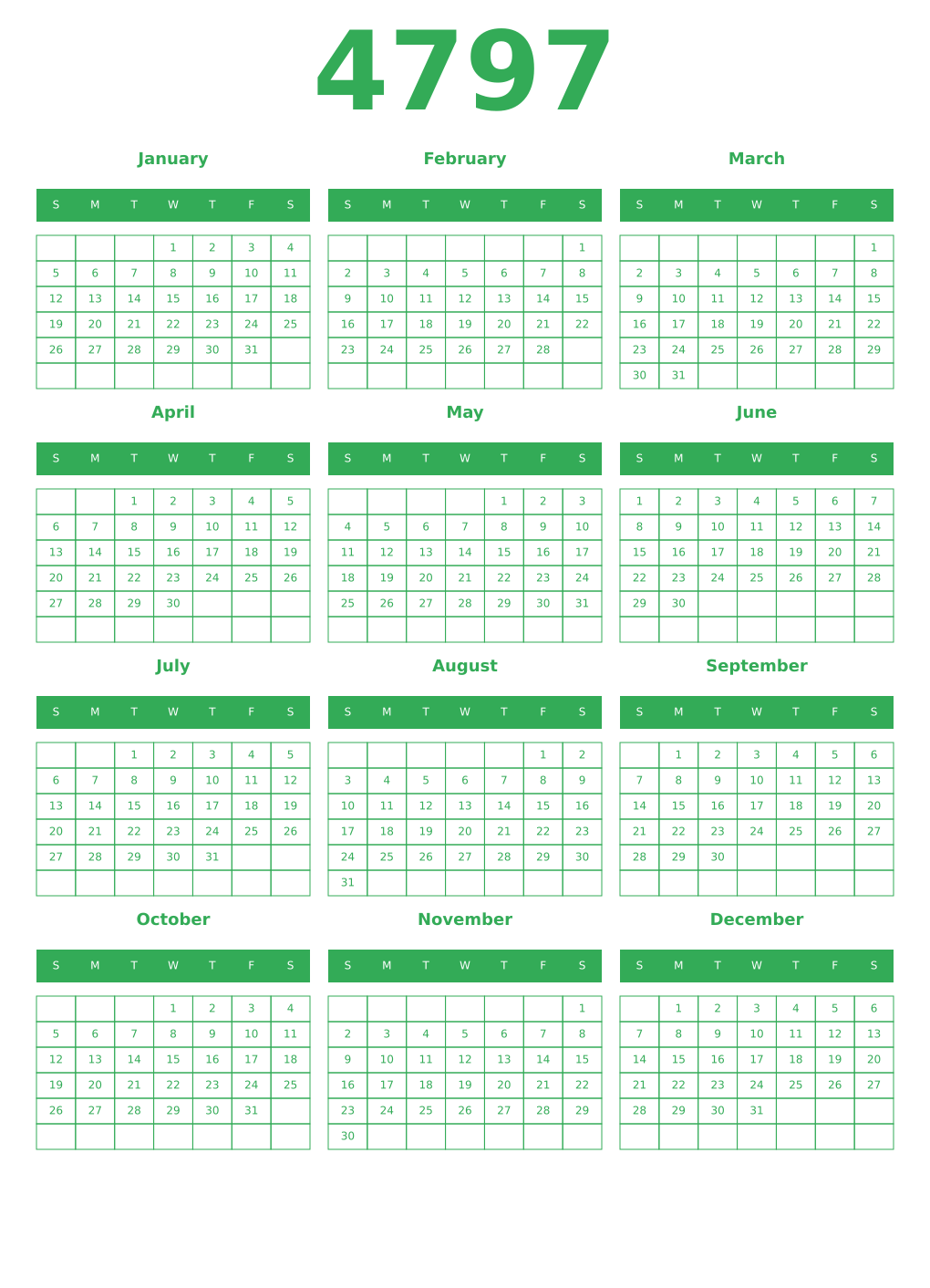 Printable 4797 Year Calendars green