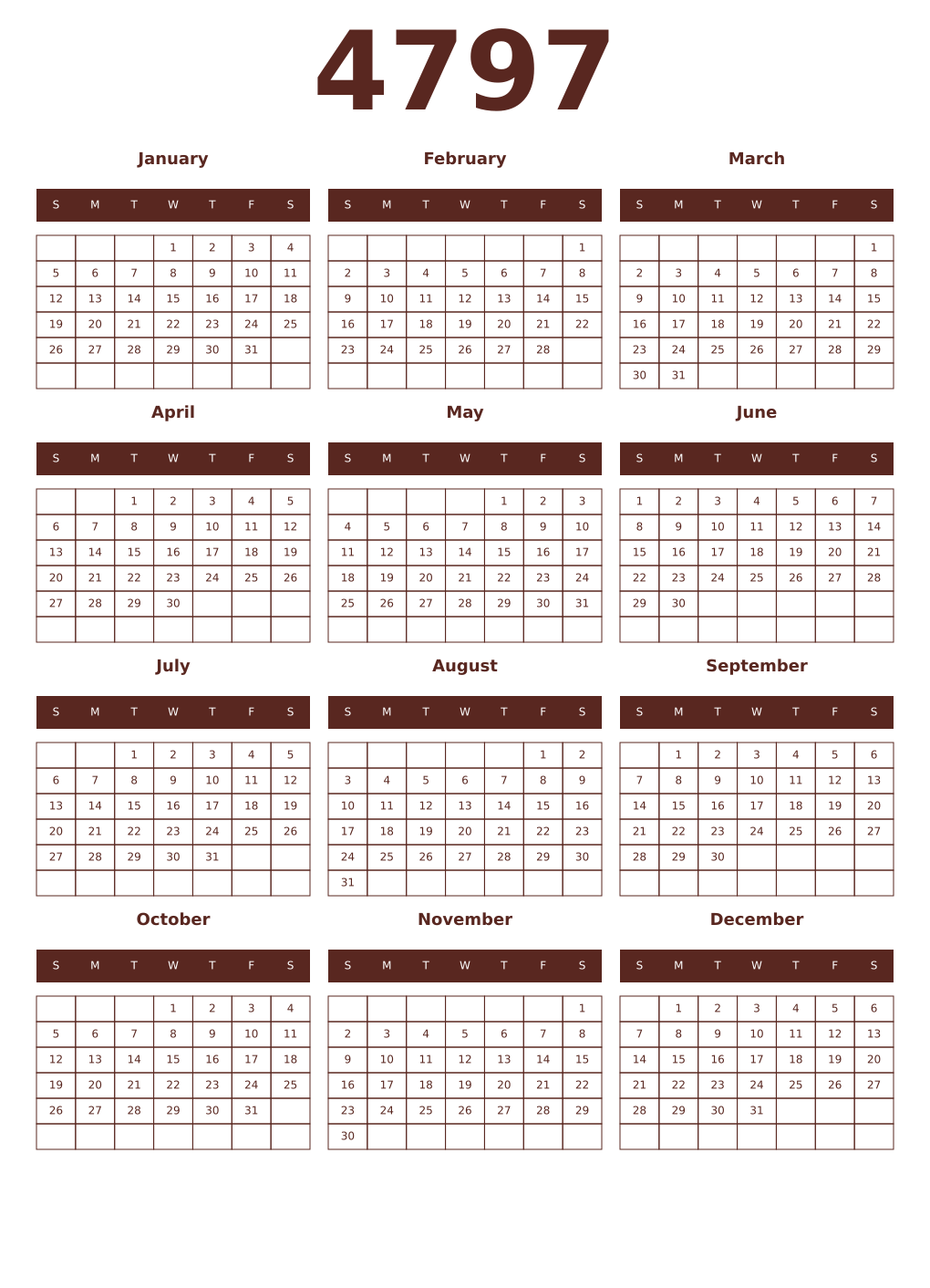 Printable 4797 Year Calendars mortuum