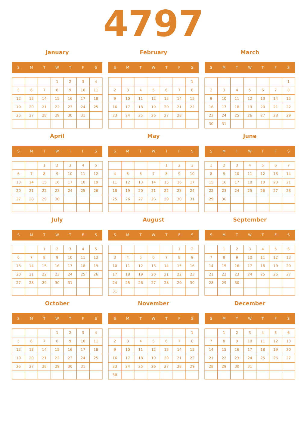 Printable 4797 Year Calendars orange