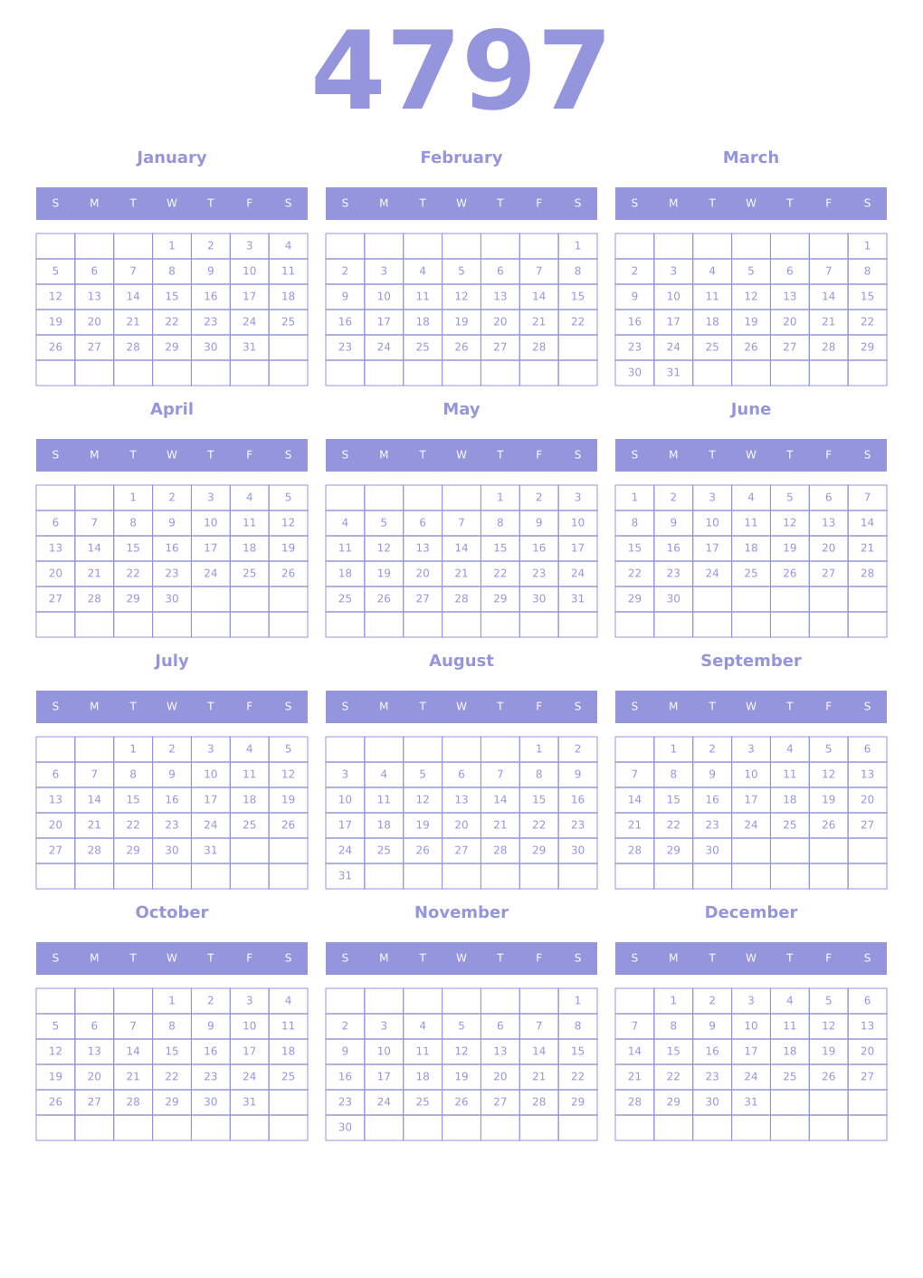 Printable 4797 Year Calendars periwinkle
