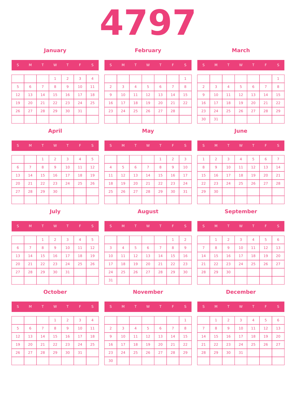 Printable 4797 Year Calendars pink