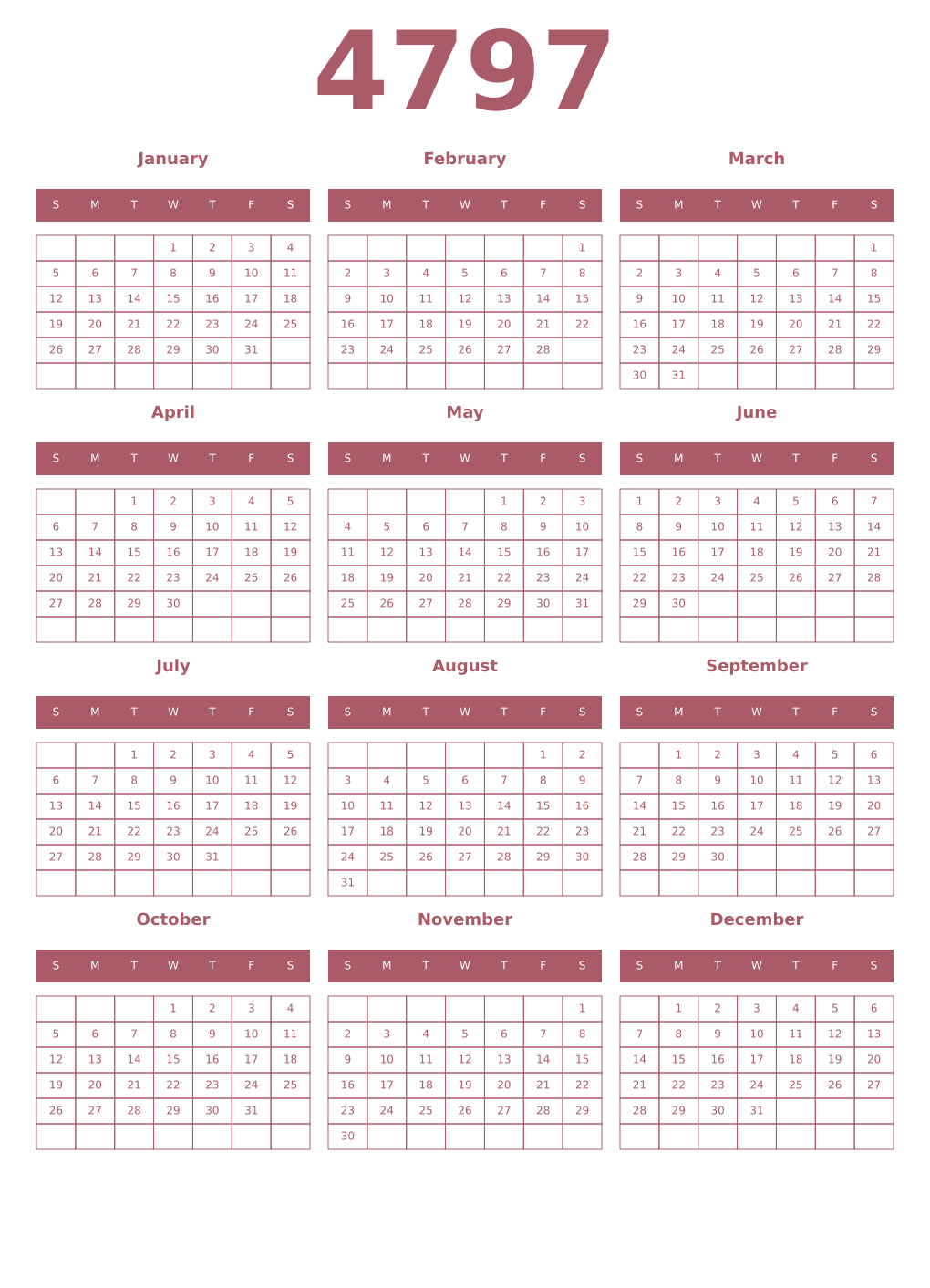 Printable 4797 Year Calendars puce