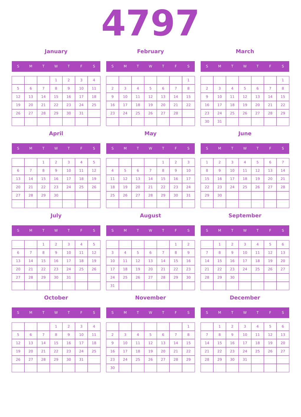Printable 4797 Year Calendars purple