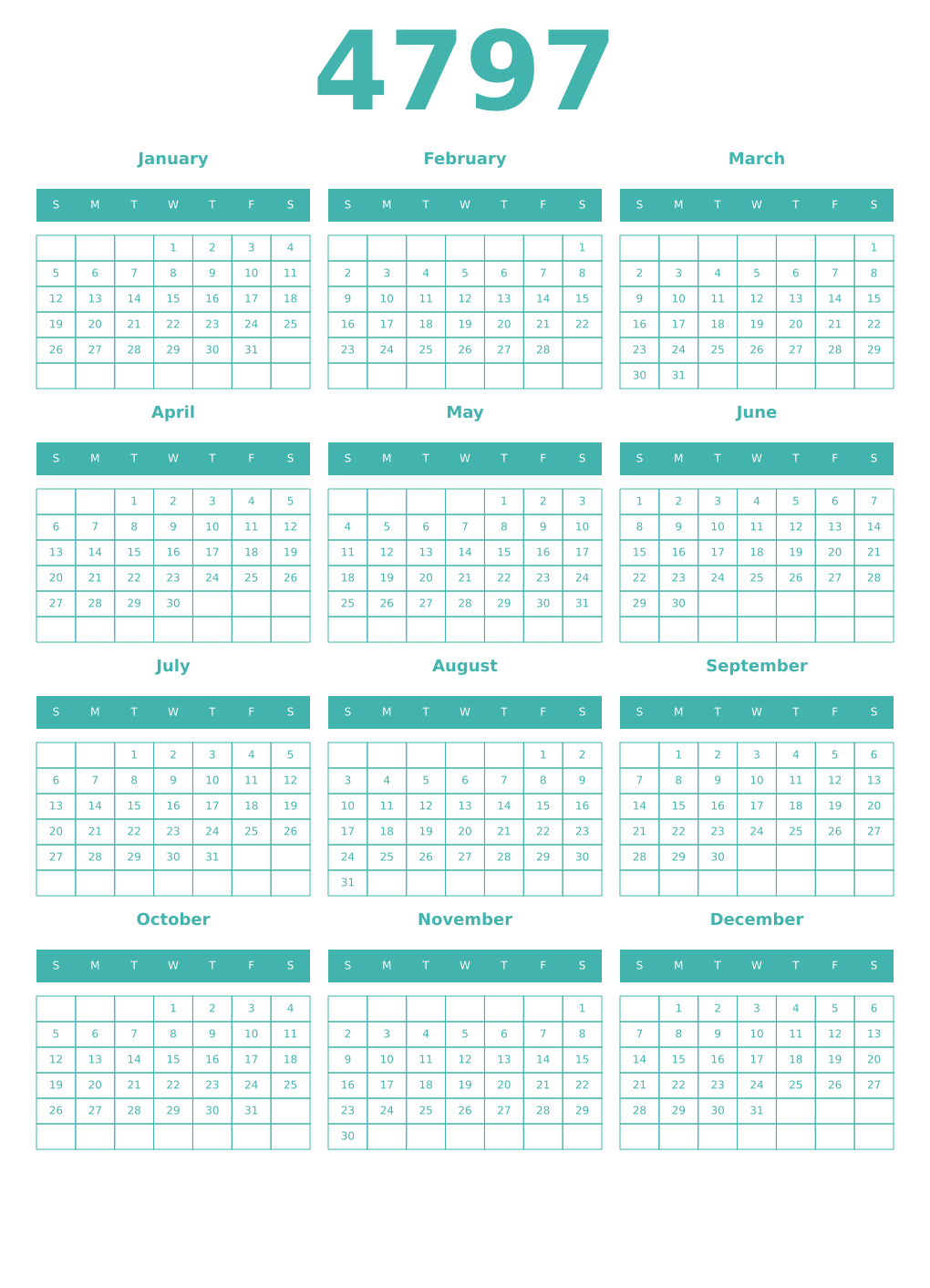 Printable 4797 Year Calendars verdigris