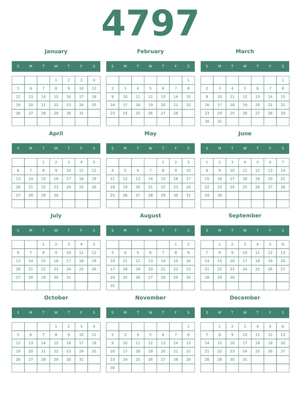 Printable 4797 Year Calendars viridian