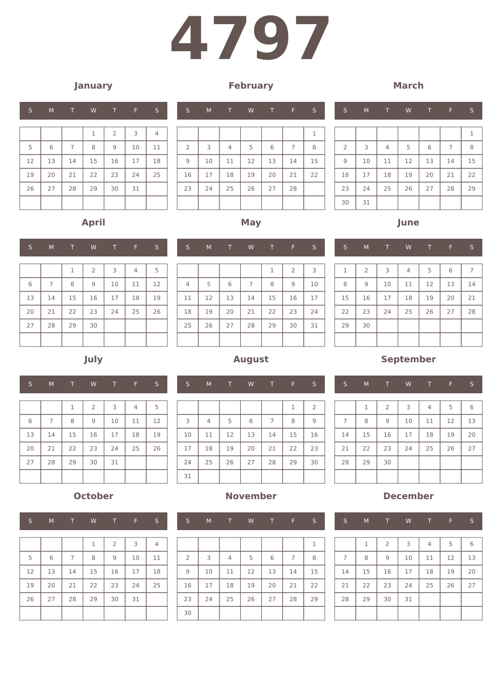 Printable 4797 Year Calendars wenge