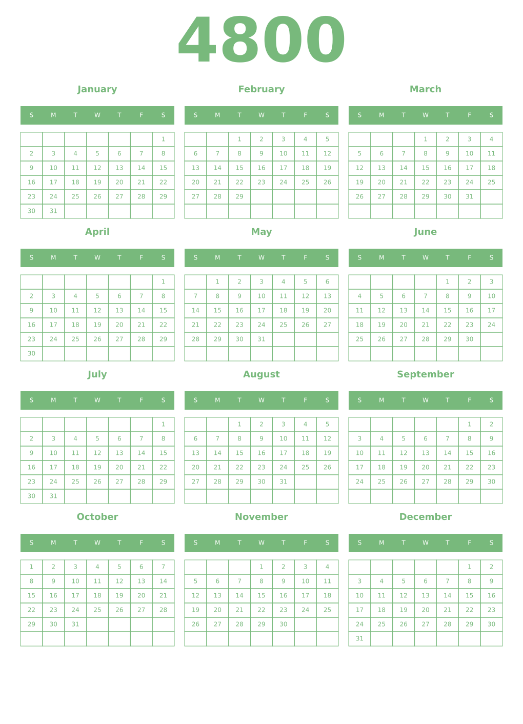 Printable 4800 Year Calendars celadon