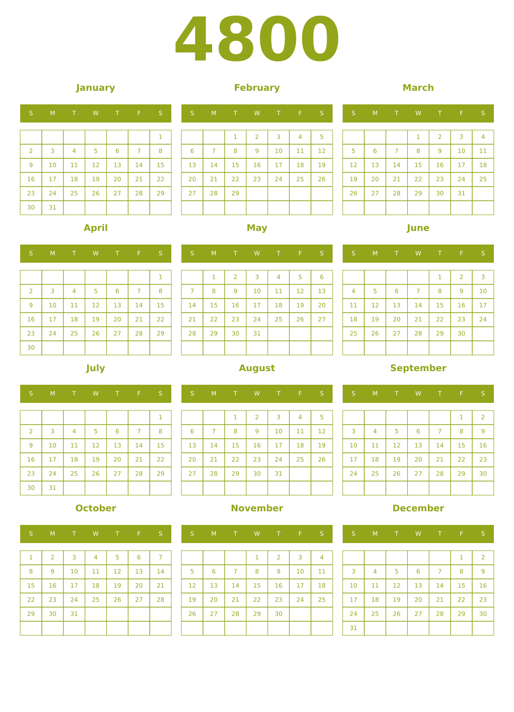 Printable 4800 Year Calendars chartreuse
