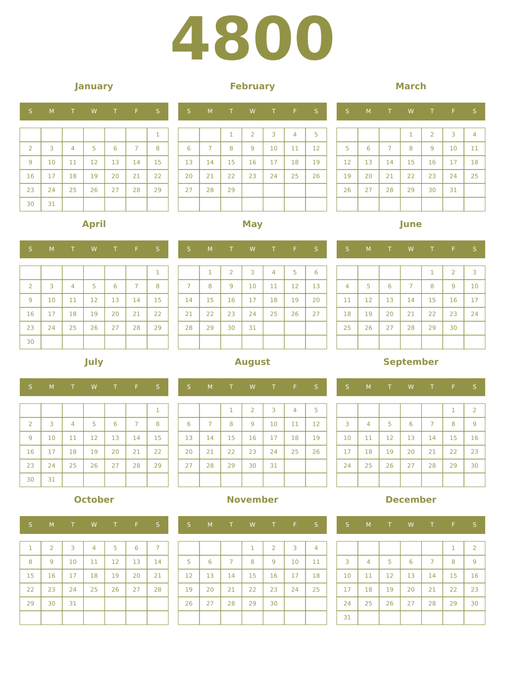 Printable 4800 Year Calendars eburnean