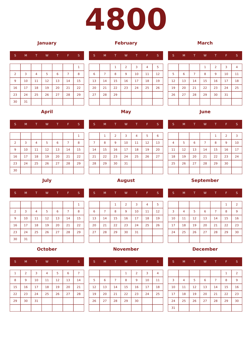 Printable 4800 Year Calendars falu
