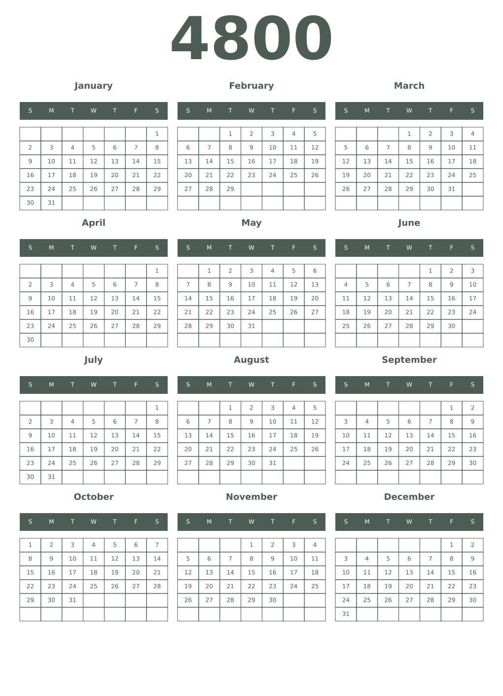 Printable 4800 Year Calendars feldgrau