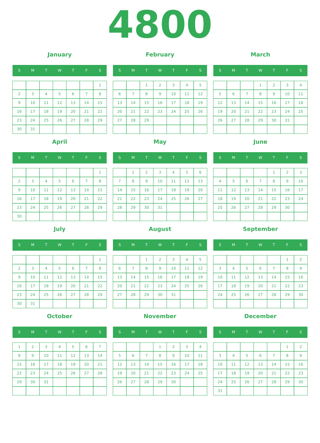 Printable 4800 Year Calendars green