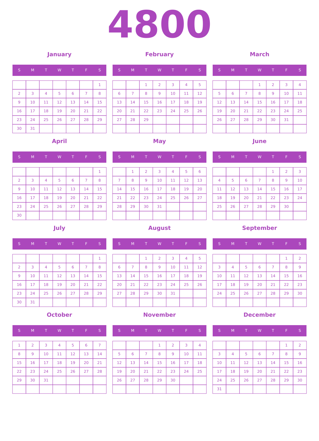 Printable 4800 Year Calendars purple