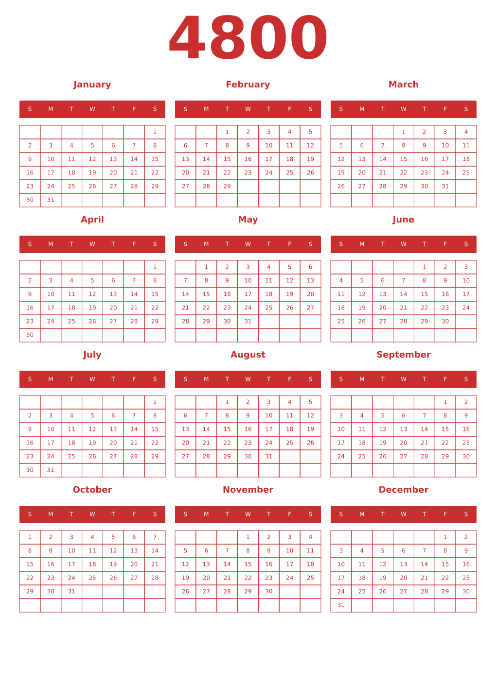 Printable 4800 Year Calendars red