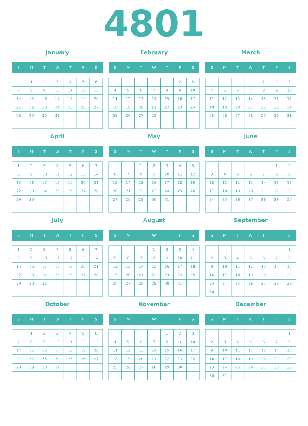 Printable 4801 Year Calendars verdigris