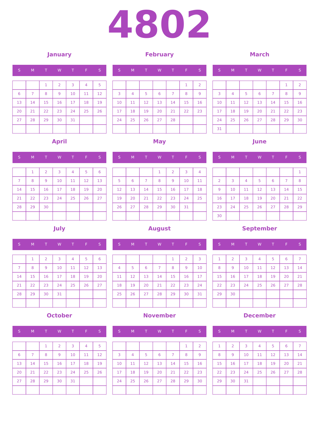 Printable 4802 Calendars