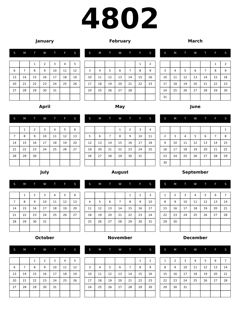 Printable 4802 Year Calendars black