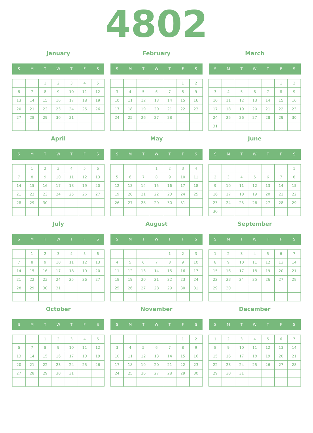 Printable 4802 Year Calendars celadon