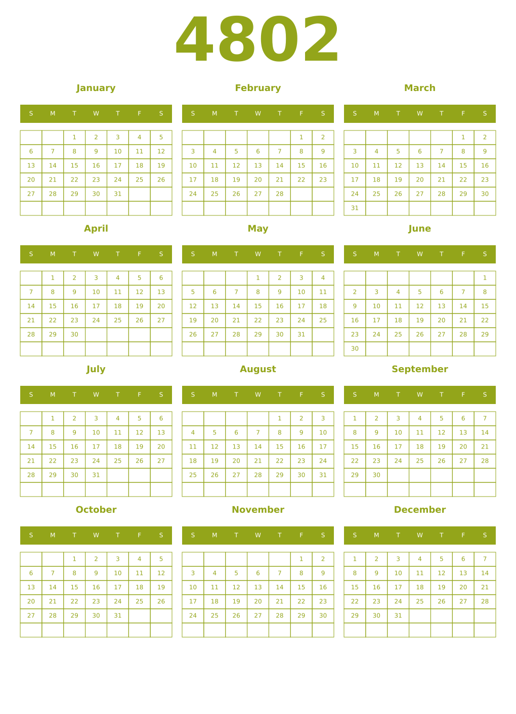 Printable 4802 Year Calendars chartreuse