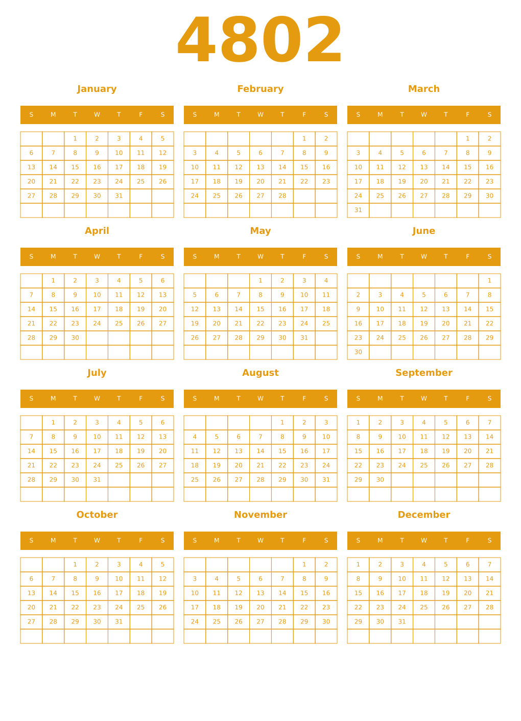 Printable 4802 Year Calendars gamboge