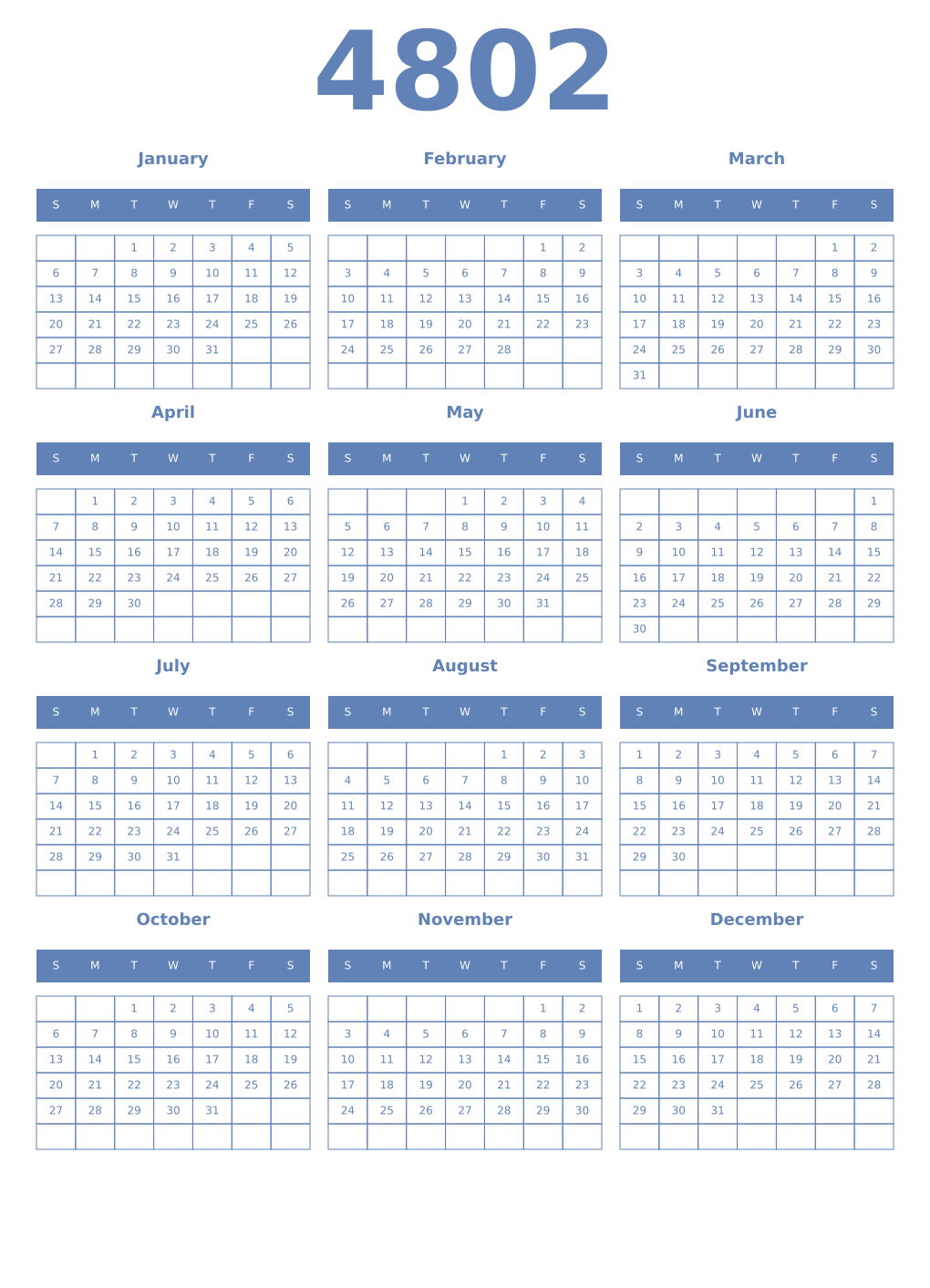 Printable 4802 Year Calendars glaucous