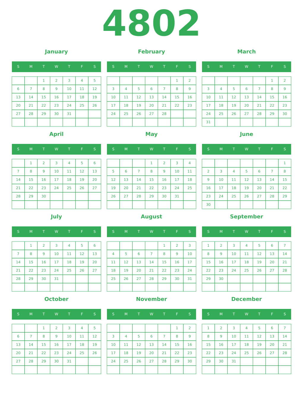 Printable 4802 Year Calendars green