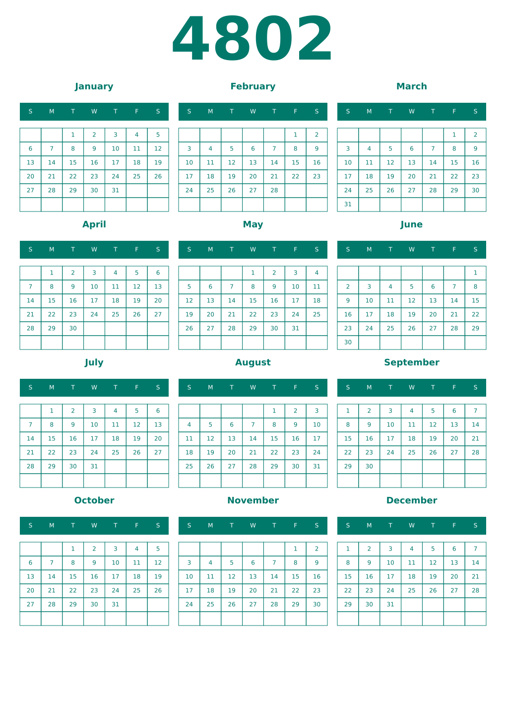Printable 4802 Year Calendars pastel