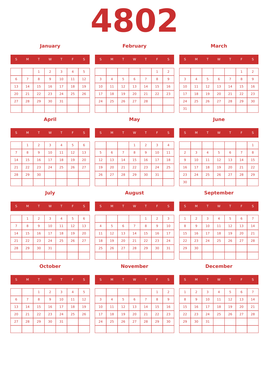 Printable 4802 Year Calendars red