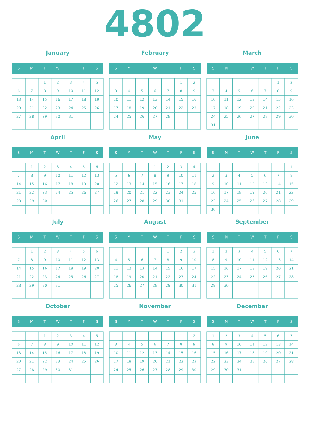 Printable 4802 Year Calendars verdigris