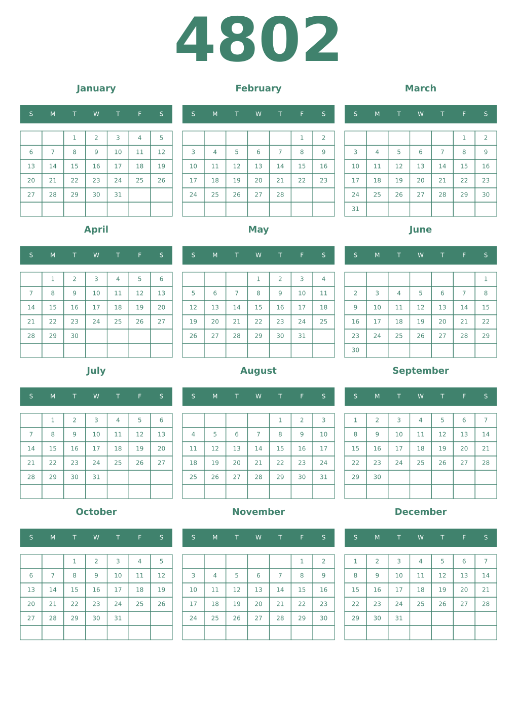 Printable 4802 Year Calendars viridian